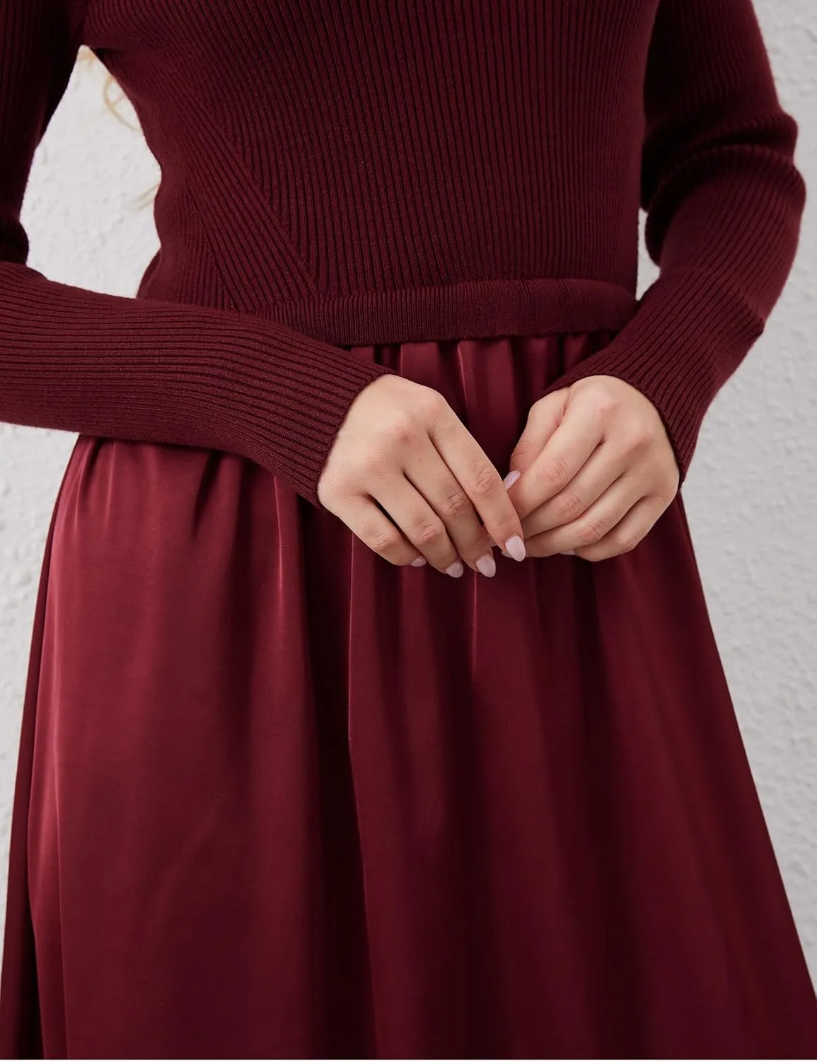 Women Long Sleeve Sweater Maxi Dress Patchwork Slim Fit Flowy Long Dresses Casual A-Line Knit High Neck Dress Fall