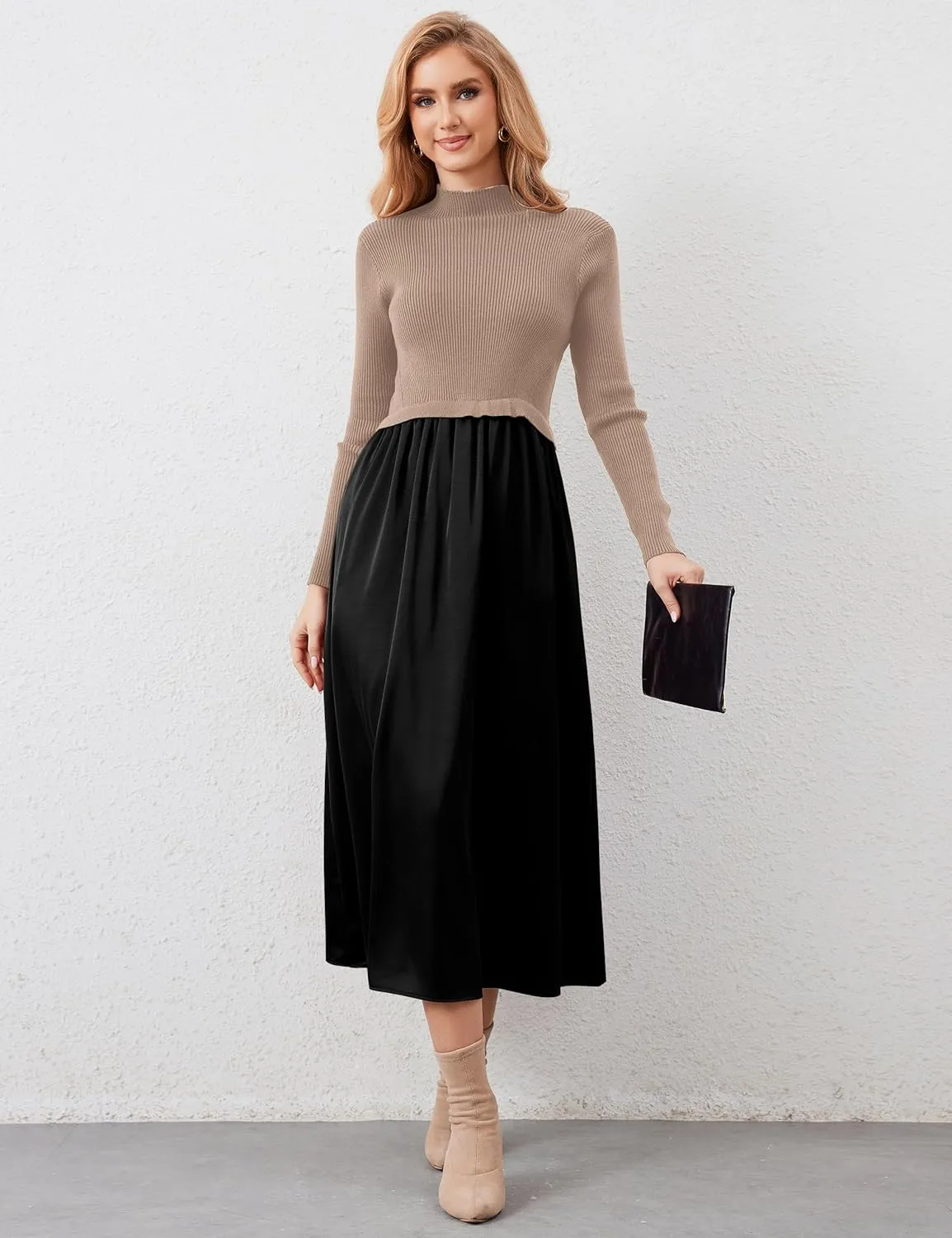 Women Long Sleeve Sweater Maxi Dress Patchwork Slim Fit Flowy Long Dresses Casual A-Line Knit High Neck Dress Fall