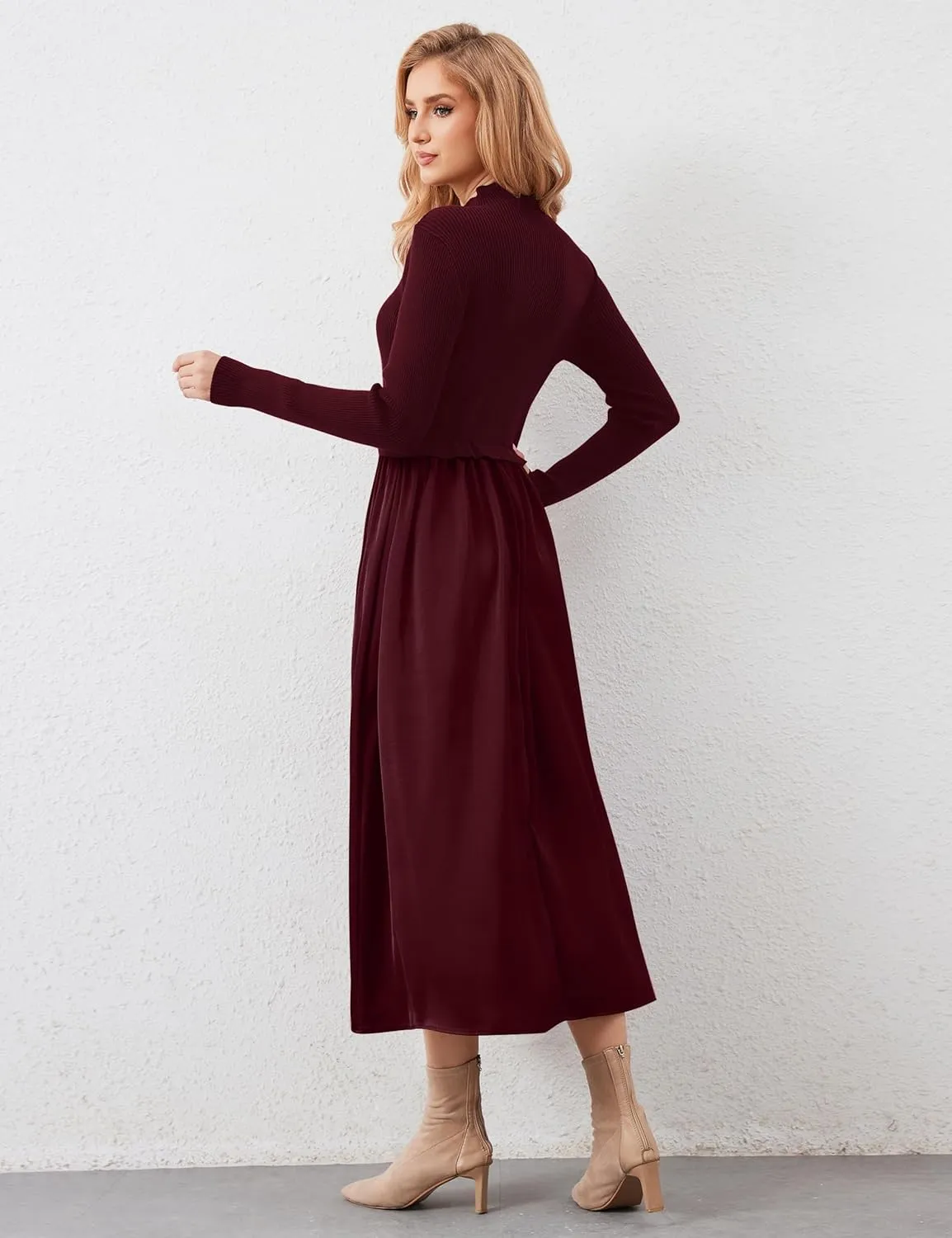 Women Long Sleeve Sweater Maxi Dress Patchwork Slim Fit Flowy Long Dresses Casual A-Line Knit High Neck Dress Fall