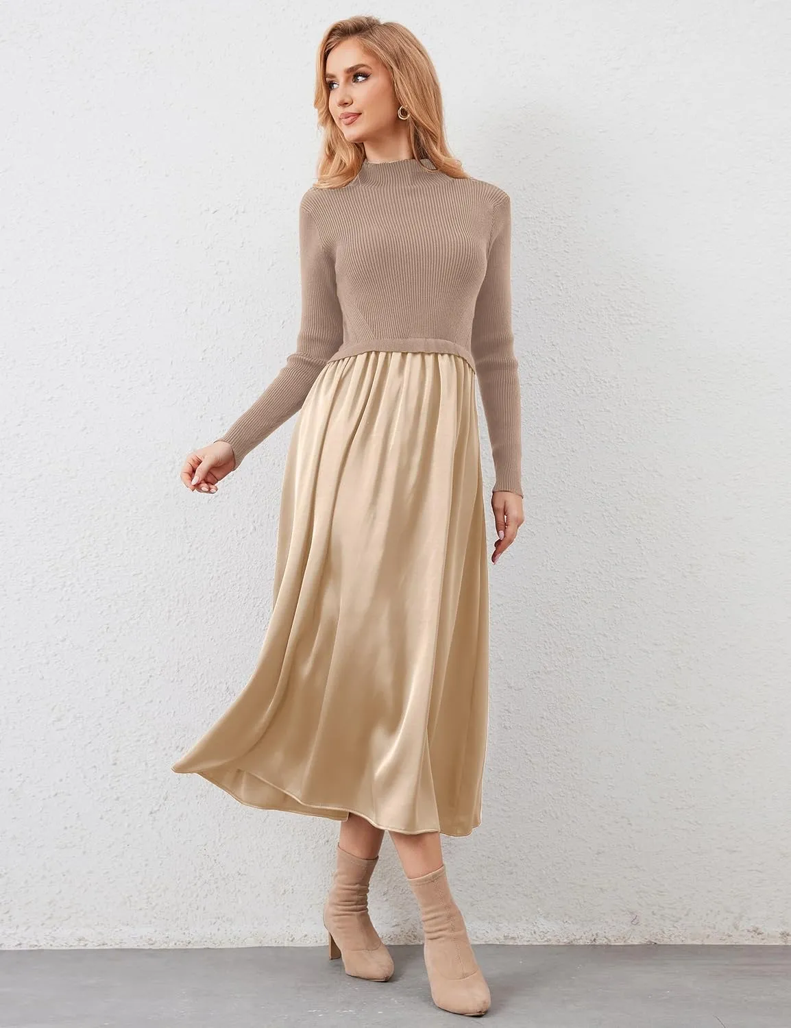 Women Long Sleeve Sweater Maxi Dress Patchwork Slim Fit Flowy Long Dresses Casual A-Line Knit High Neck Dress Fall