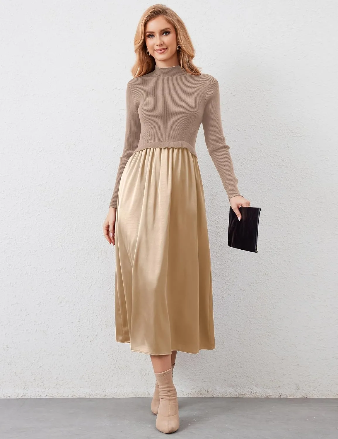Women Long Sleeve Sweater Maxi Dress Patchwork Slim Fit Flowy Long Dresses Casual A-Line Knit High Neck Dress Fall