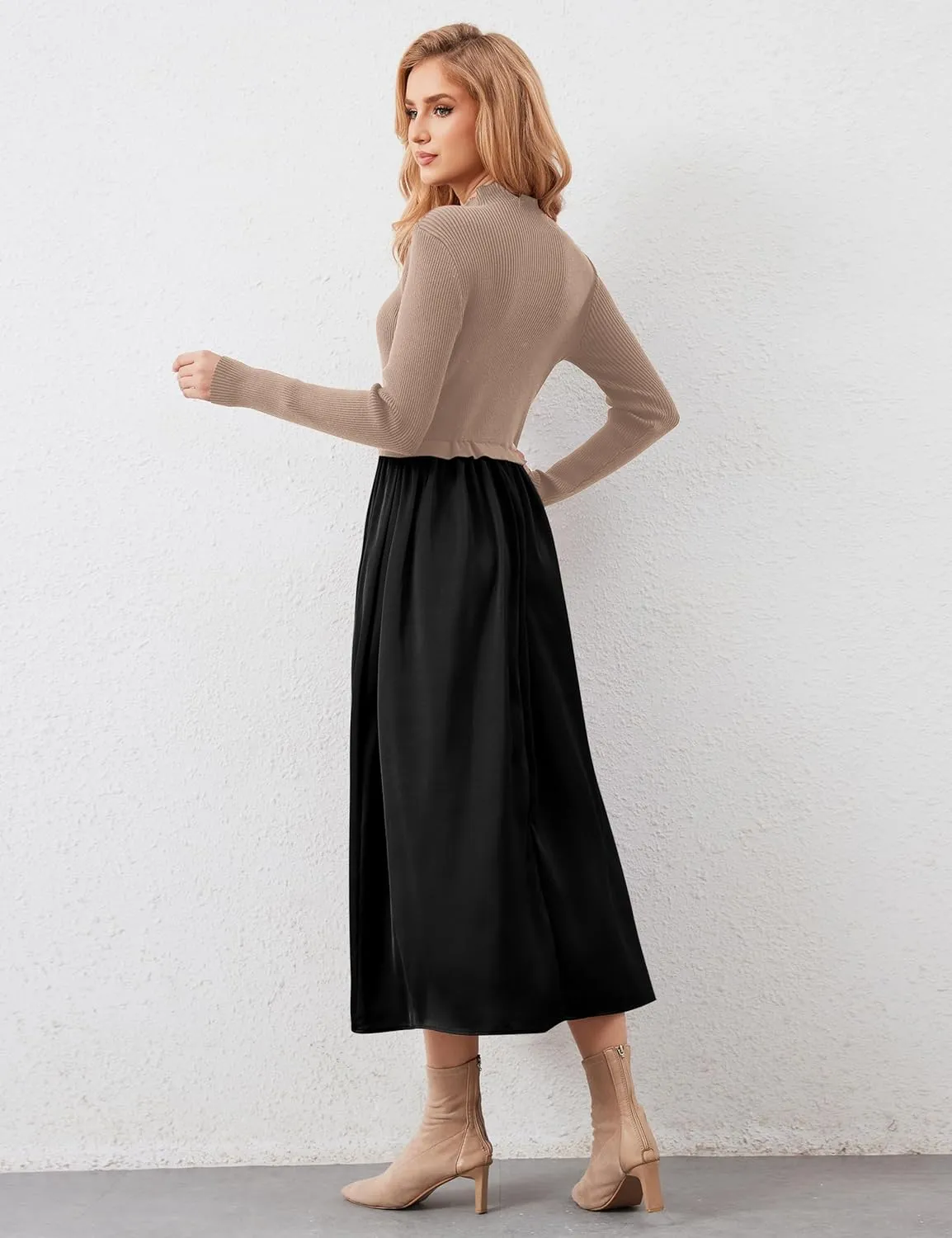 Women Long Sleeve Sweater Maxi Dress Patchwork Slim Fit Flowy Long Dresses Casual A-Line Knit High Neck Dress Fall