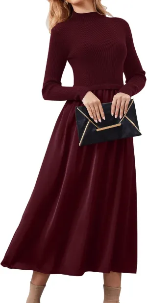 Women Long Sleeve Sweater Maxi Dress Patchwork Slim Fit Flowy Long Dresses Casual A-Line Knit High Neck Dress Fall