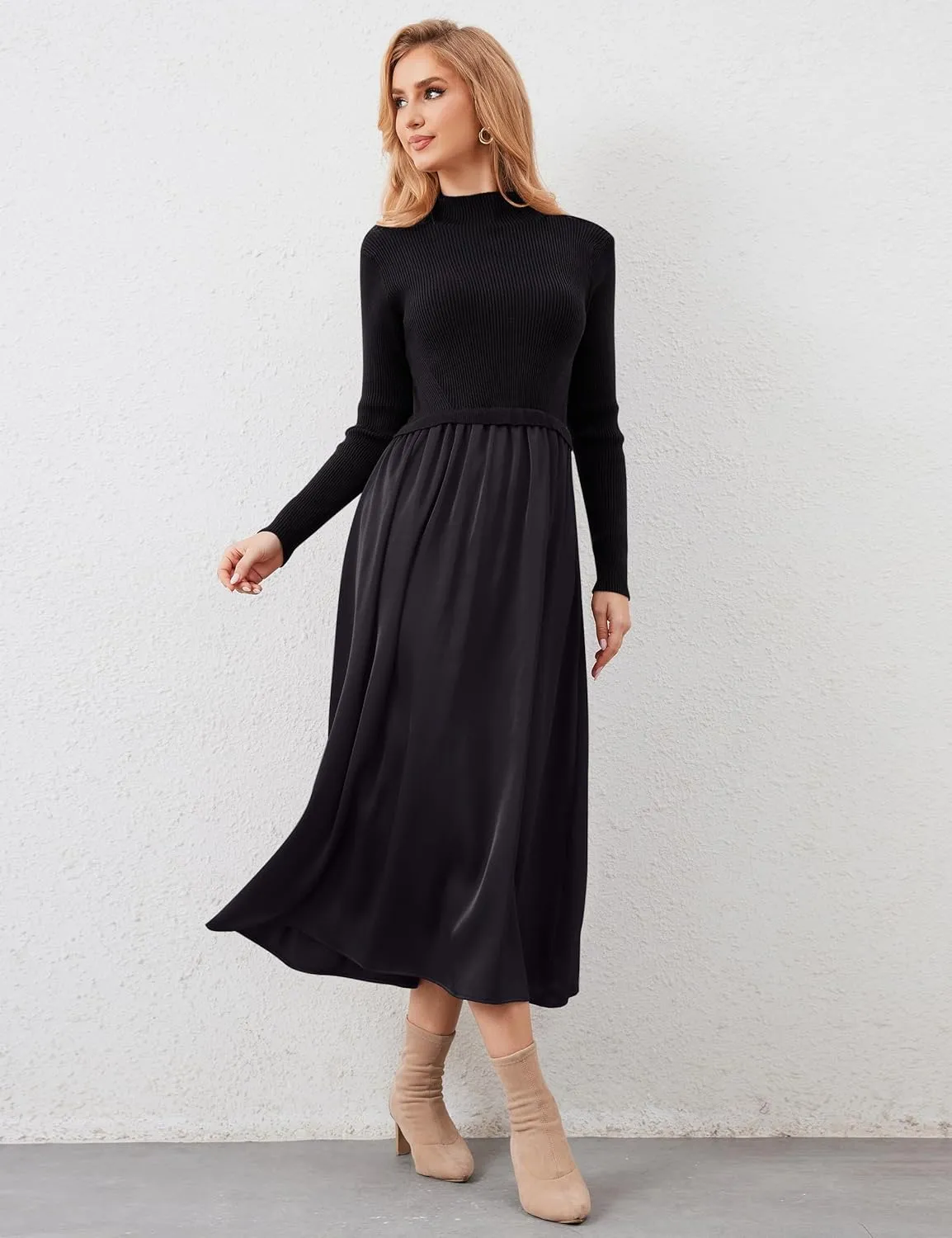 Women Long Sleeve Sweater Maxi Dress Patchwork Slim Fit Flowy Long Dresses Casual A-Line Knit High Neck Dress Fall