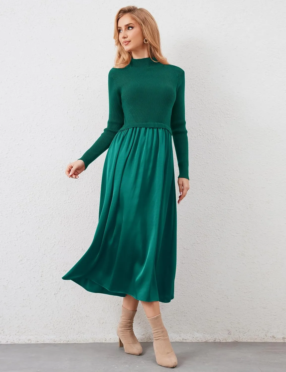 Women Long Sleeve Sweater Maxi Dress Patchwork Slim Fit Flowy Long Dresses Casual A-Line Knit High Neck Dress Fall