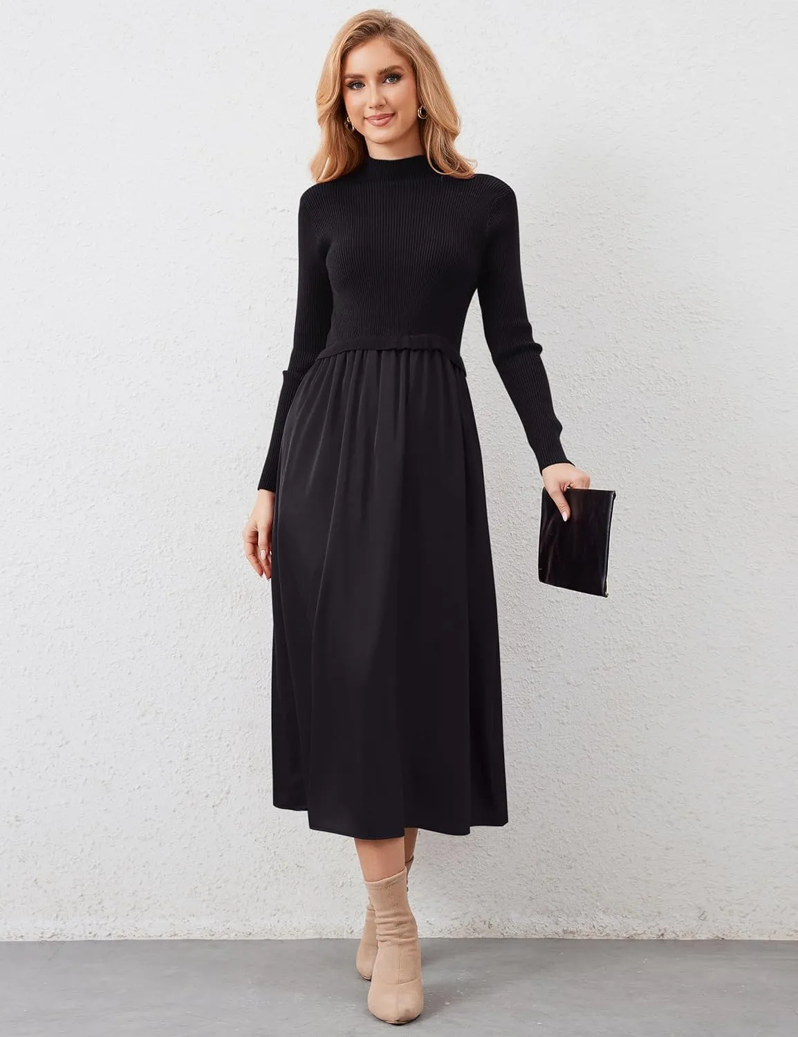 Women Long Sleeve Sweater Maxi Dress Patchwork Slim Fit Flowy Long Dresses Casual A-Line Knit High Neck Dress Fall