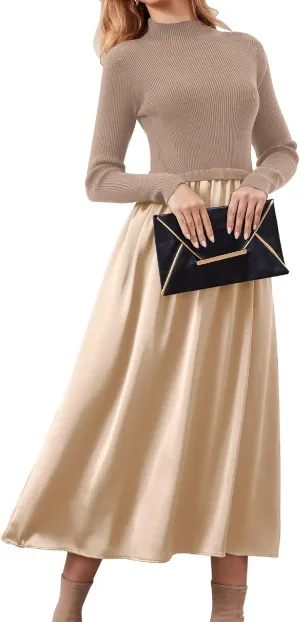 Women Long Sleeve Sweater Maxi Dress Patchwork Slim Fit Flowy Long Dresses Casual A-Line Knit High Neck Dress Fall