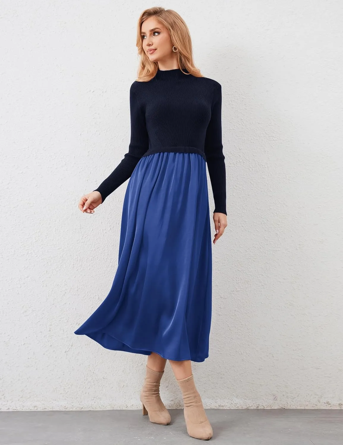 Women Long Sleeve Sweater Maxi Dress Patchwork Slim Fit Flowy Long Dresses Casual A-Line Knit High Neck Dress Fall