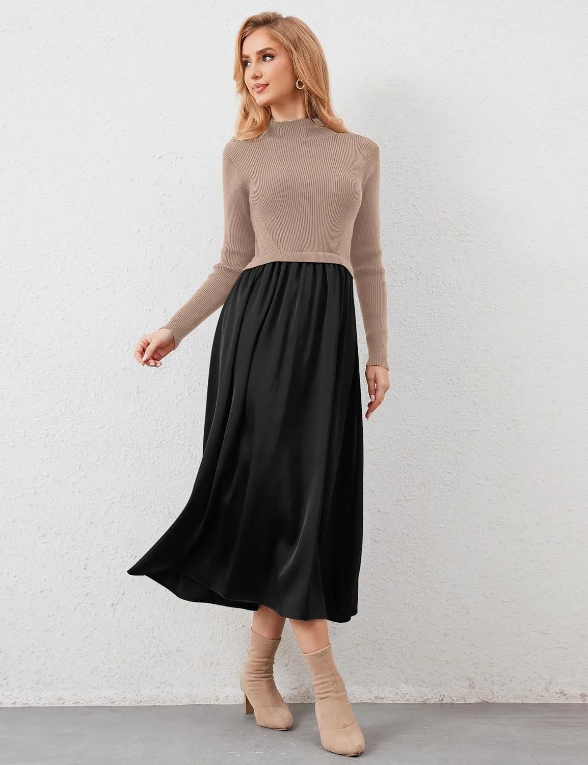 Women Long Sleeve Sweater Maxi Dress Patchwork Slim Fit Flowy Long Dresses Casual A-Line Knit High Neck Dress Fall