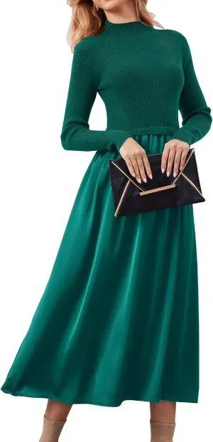 Women Long Sleeve Sweater Maxi Dress Patchwork Slim Fit Flowy Long Dresses Casual A-Line Knit High Neck Dress Fall