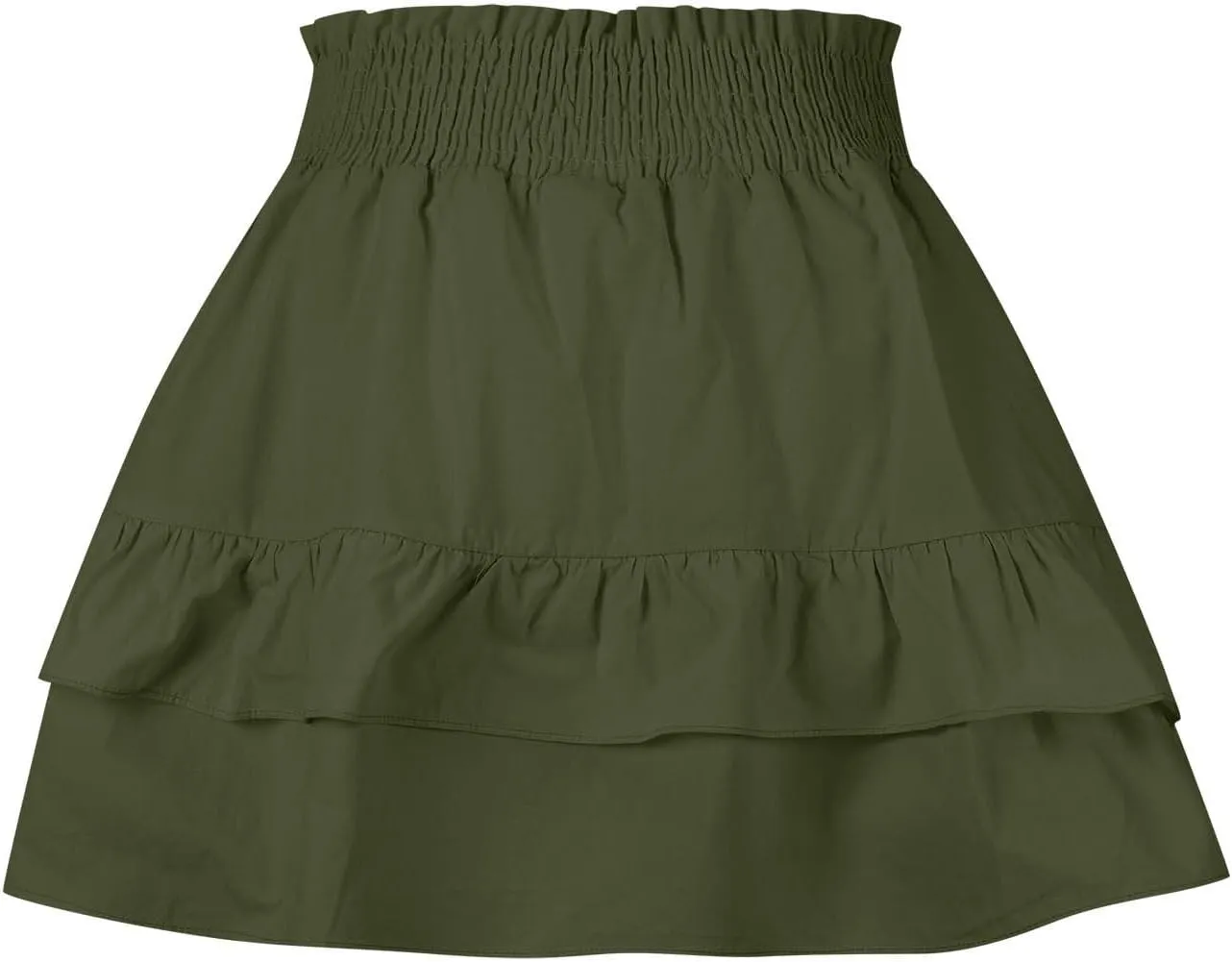 Women Ruffle Mini Skirts Smocked Waist Pleated Tiered Ruffle Hem Short Skirt Summer Casual Half Dress 2025 New