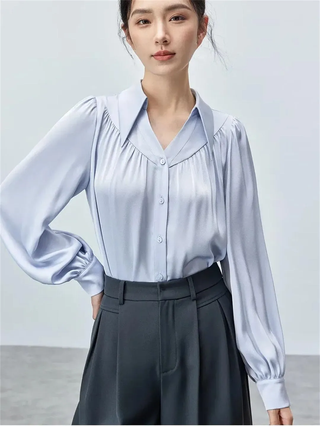 Women Satin Long Sleeve Shirt Elegant Loose Lapel Folds Blouse Solid Color Office Lady Chic Top