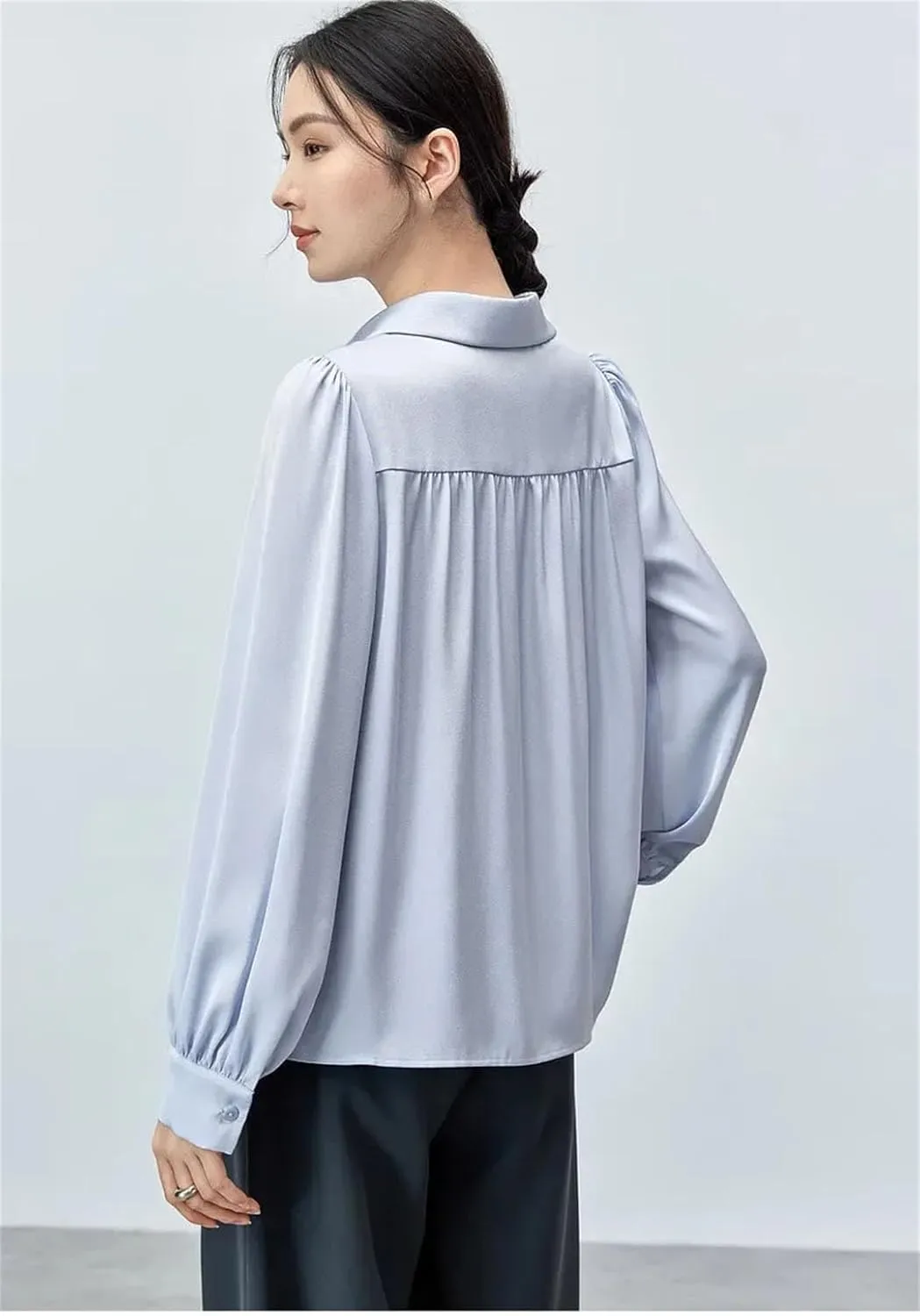 Women Satin Long Sleeve Shirt Elegant Loose Lapel Folds Blouse Solid Color Office Lady Chic Top