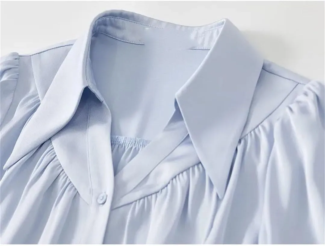 Women Satin Long Sleeve Shirt Elegant Loose Lapel Folds Blouse Solid Color Office Lady Chic Top