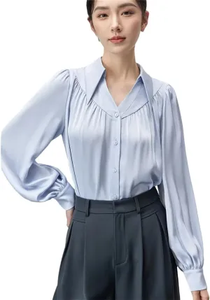Women Satin Long Sleeve Shirt Elegant Loose Lapel Folds Blouse Solid Color Office Lady Chic Top