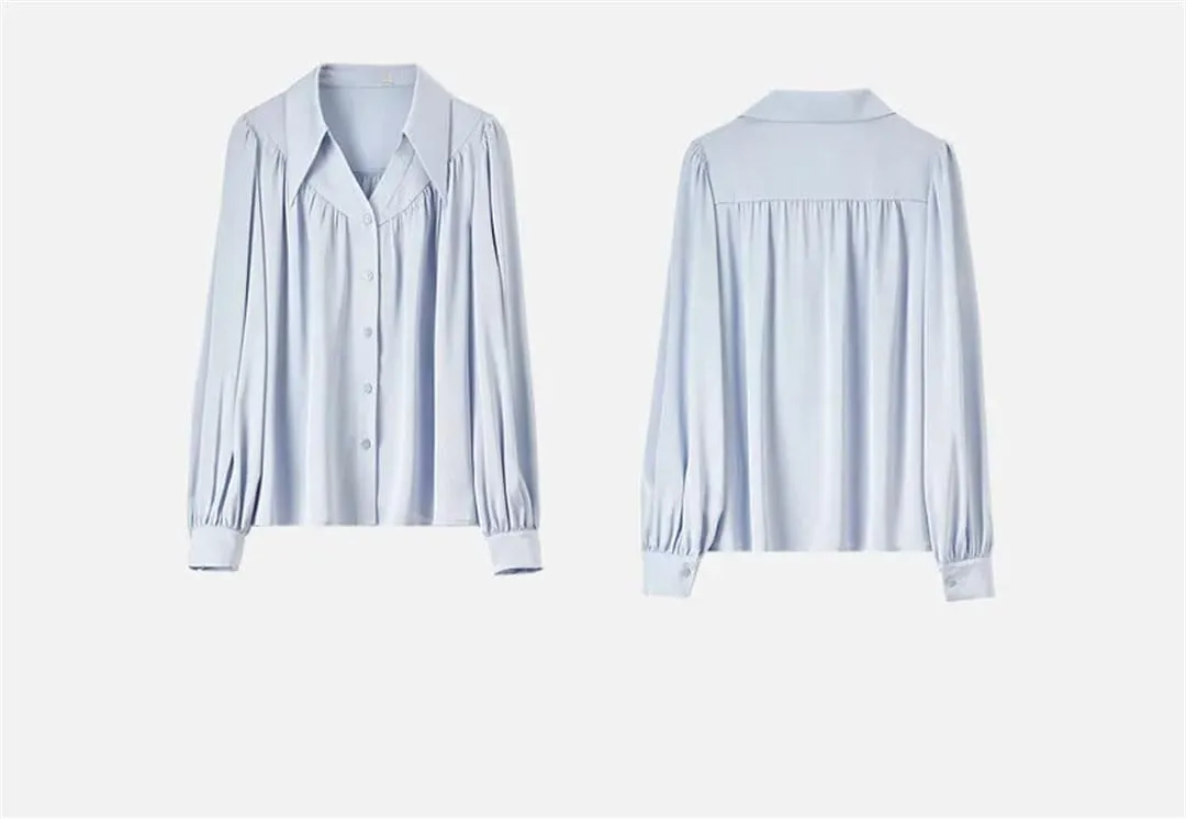 Women Satin Long Sleeve Shirt Elegant Loose Lapel Folds Blouse Solid Color Office Lady Chic Top