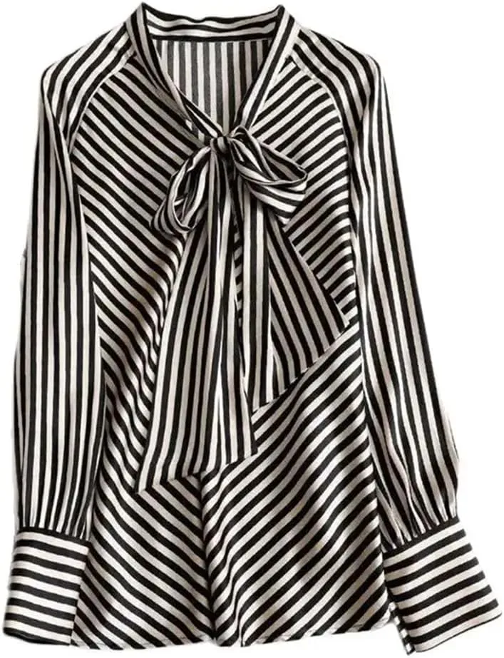 Women Stripe Chic Bow Tie Collar Shirt Asymmetrical Long Sleeve Blouse Chiffon Office Lady Top