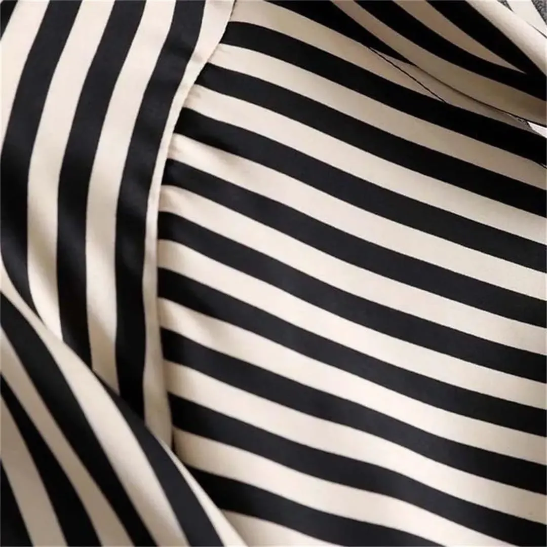 Women Stripe Chic Bow Tie Collar Shirt Asymmetrical Long Sleeve Blouse Chiffon Office Lady Top
