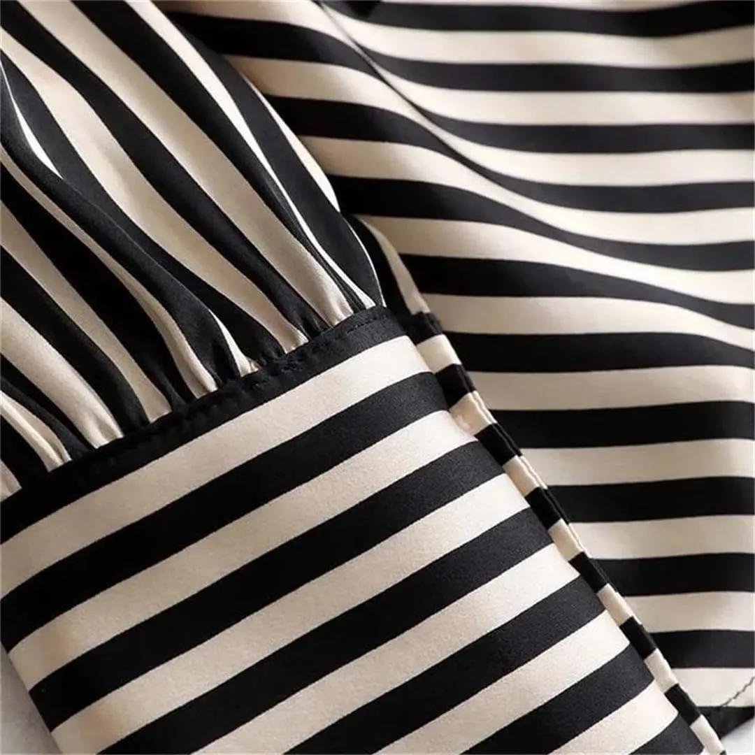 Women Stripe Chic Bow Tie Collar Shirt Asymmetrical Long Sleeve Blouse Chiffon Office Lady Top