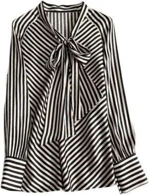 Women Stripe Chic Bow Tie Collar Shirt Asymmetrical Long Sleeve Blouse Chiffon Office Lady Top
