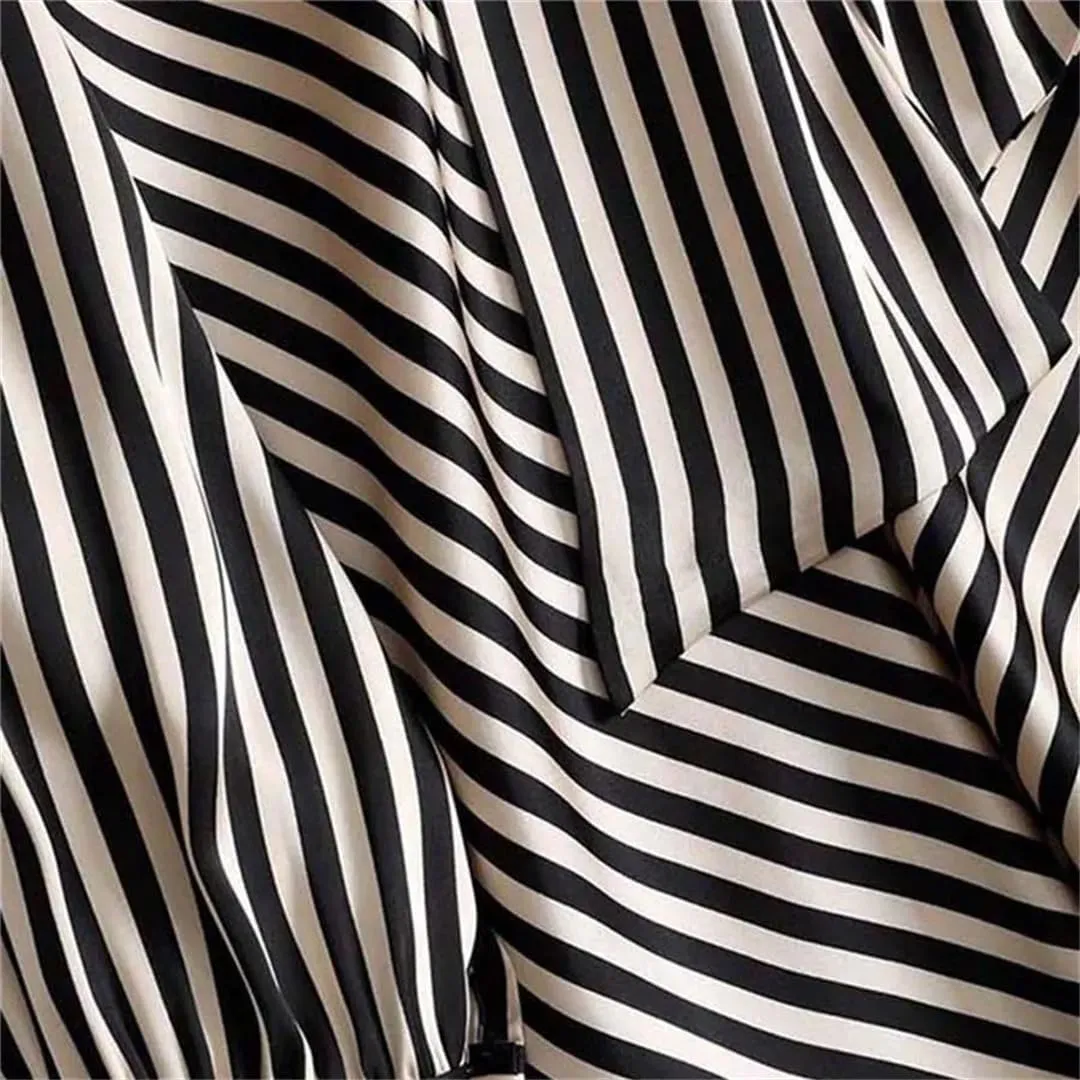 Women Stripe Chic Bow Tie Collar Shirt Asymmetrical Long Sleeve Blouse Chiffon Office Lady Top