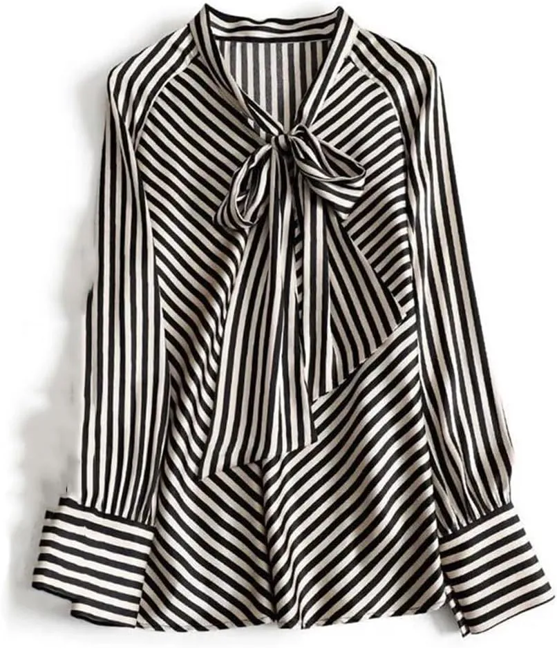 Women Stripe Chic Bow Tie Collar Shirt Asymmetrical Long Sleeve Blouse Chiffon Office Lady Top