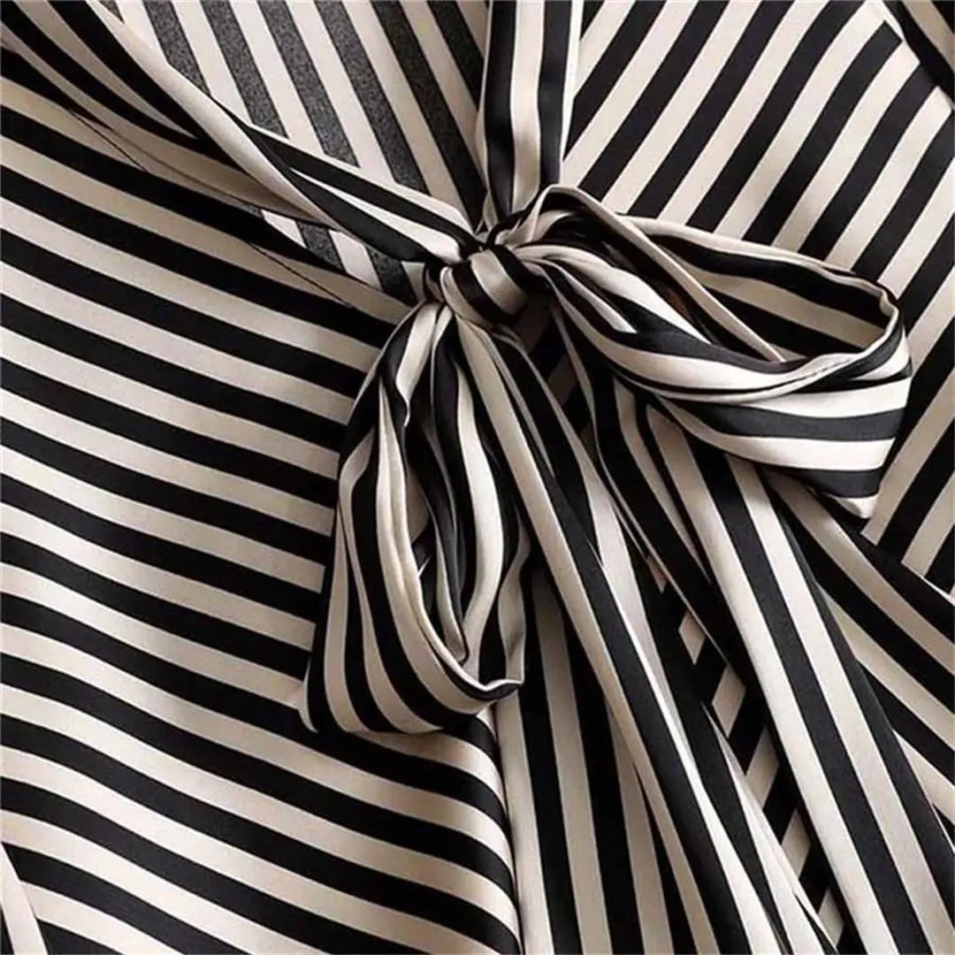 Women Stripe Chic Bow Tie Collar Shirt Asymmetrical Long Sleeve Blouse Chiffon Office Lady Top