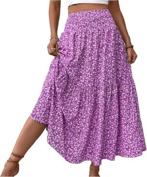 Women Summer Boho Floral Smocked Elastic High Waist Flowy Swing Pleated Maxi Skirts Vacation Print A-Line Long Skirts