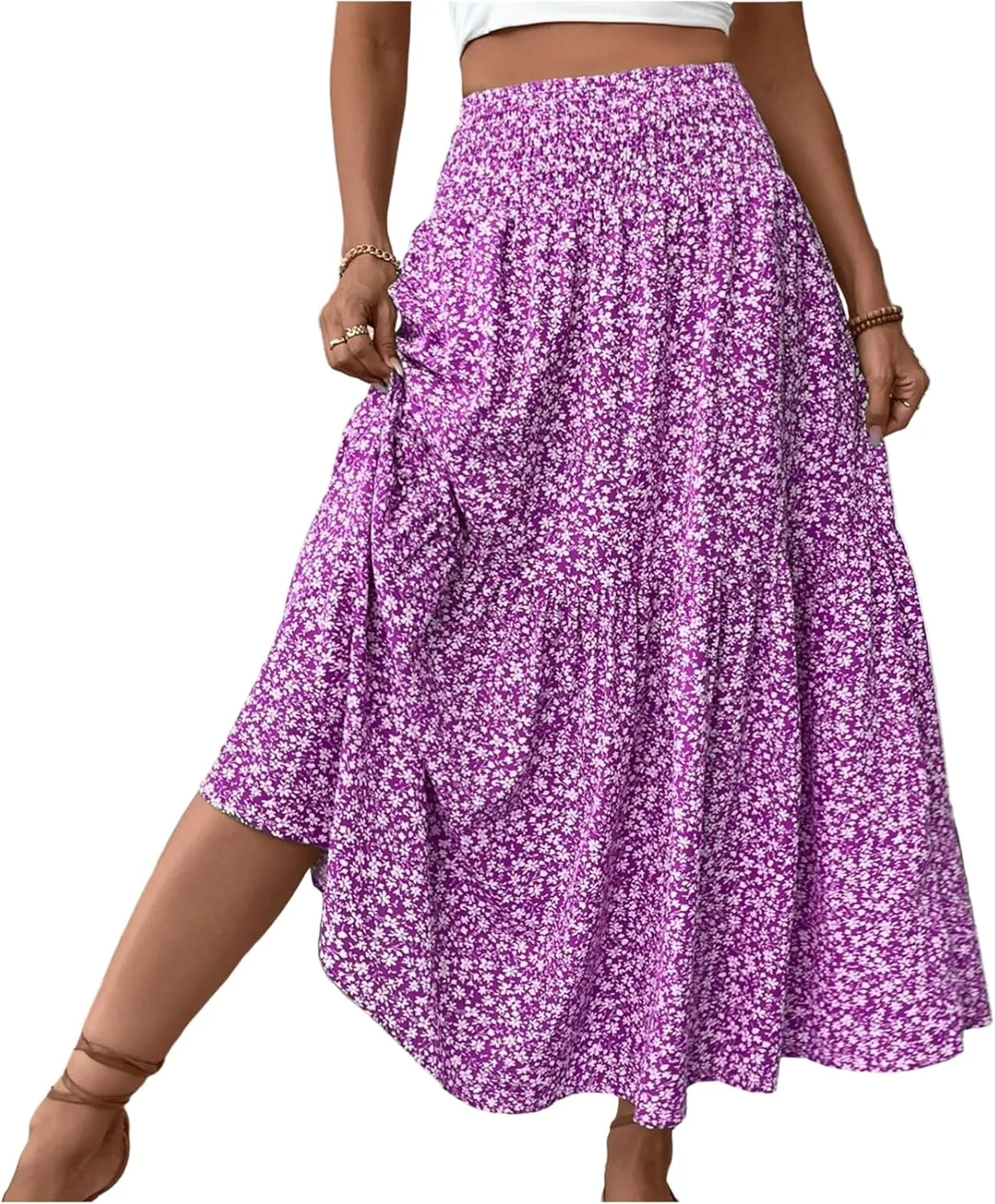 Women Summer Boho Floral Smocked Elastic High Waist Flowy Swing Pleated Maxi Skirts Vacation Print A-Line Long Skirts
