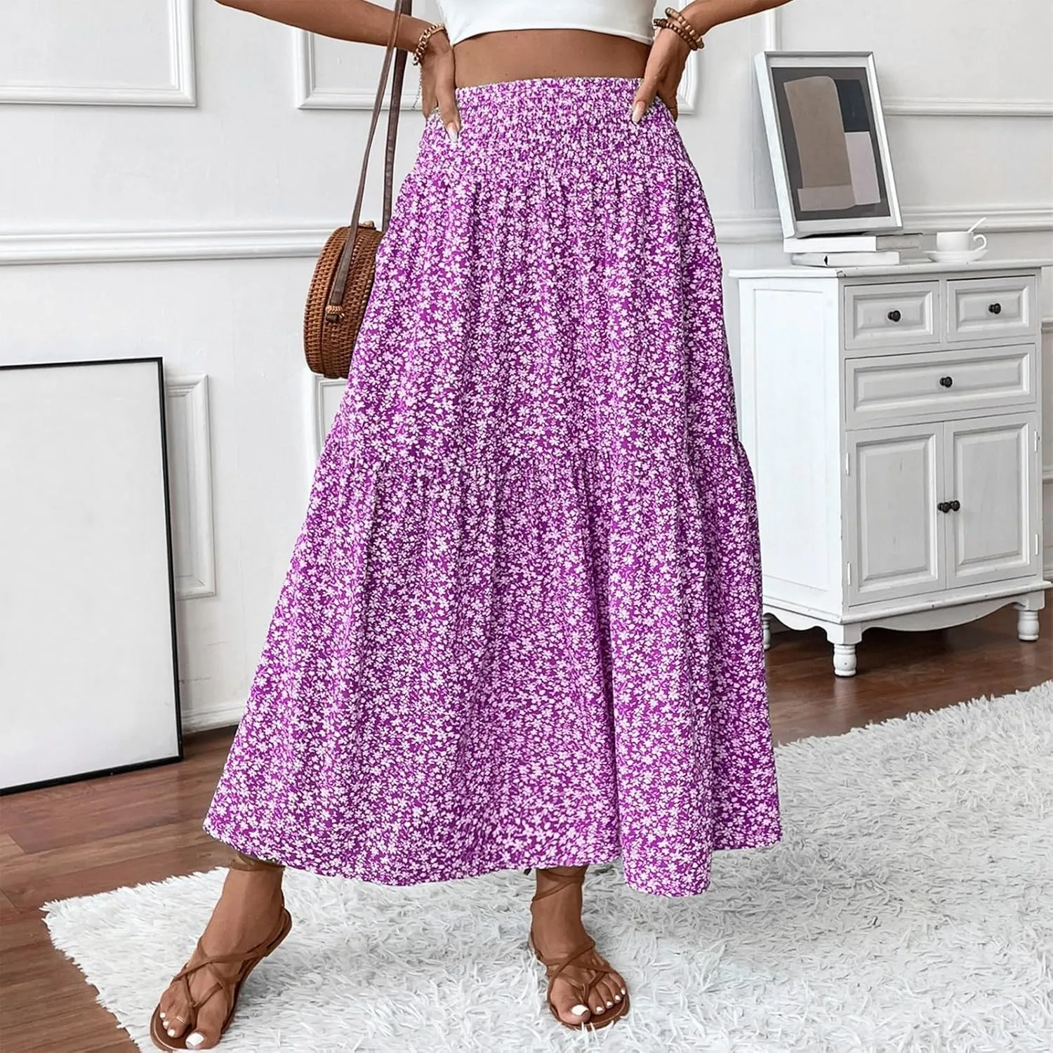 Women Summer Boho Floral Smocked Elastic High Waist Flowy Swing Pleated Maxi Skirts Vacation Print A-Line Long Skirts