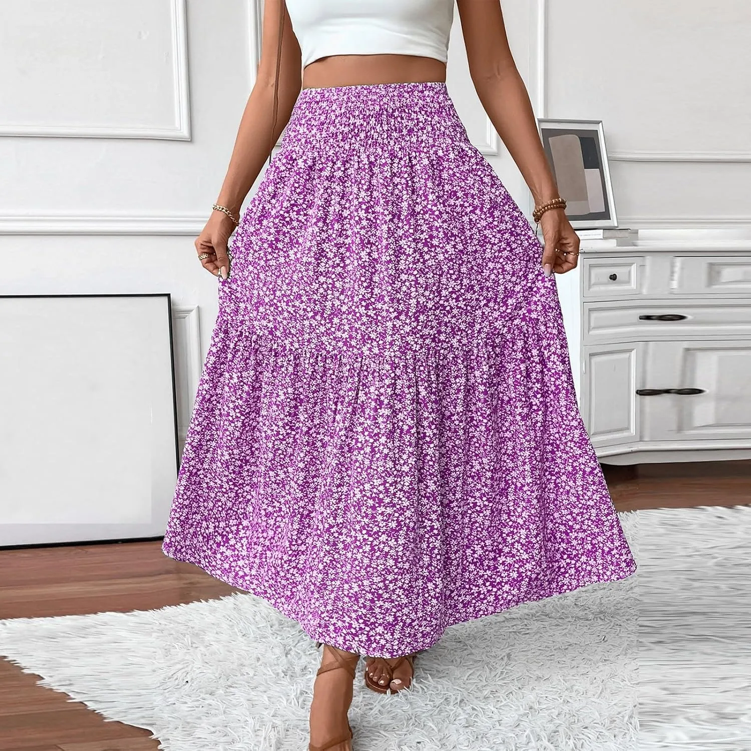 Women Summer Boho Floral Smocked Elastic High Waist Flowy Swing Pleated Maxi Skirts Vacation Print A-Line Long Skirts