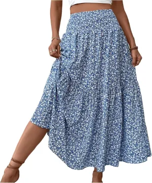 Women Summer Boho Floral Smocked Elastic High Waist Flowy Swing Pleated Maxi Skirts Vacation Printed A-Line Long Skirts