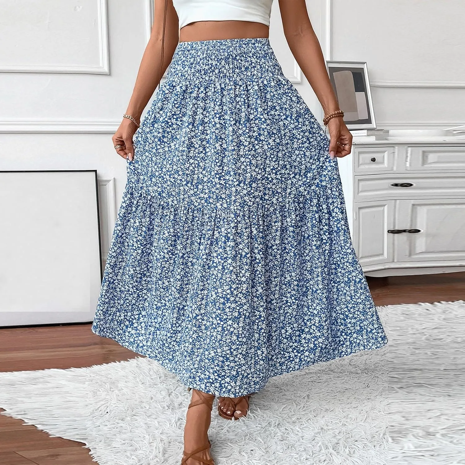 Women Summer Boho Floral Smocked Elastic High Waist Flowy Swing Pleated Maxi Skirts Vacation Printed A-Line Long Skirts