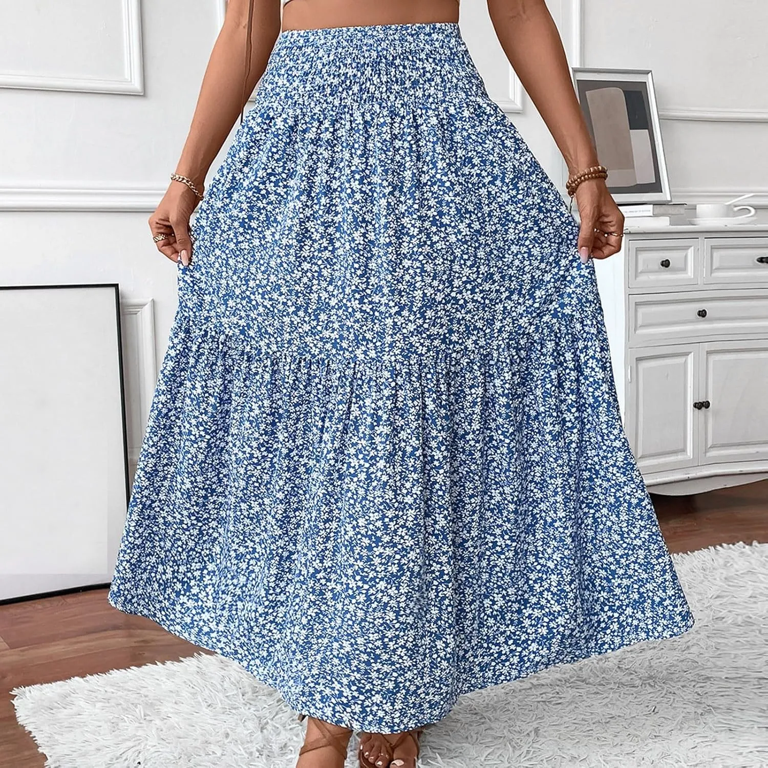 Women Summer Boho Floral Smocked Elastic High Waist Flowy Swing Pleated Maxi Skirts Vacation Printed A-Line Long Skirts