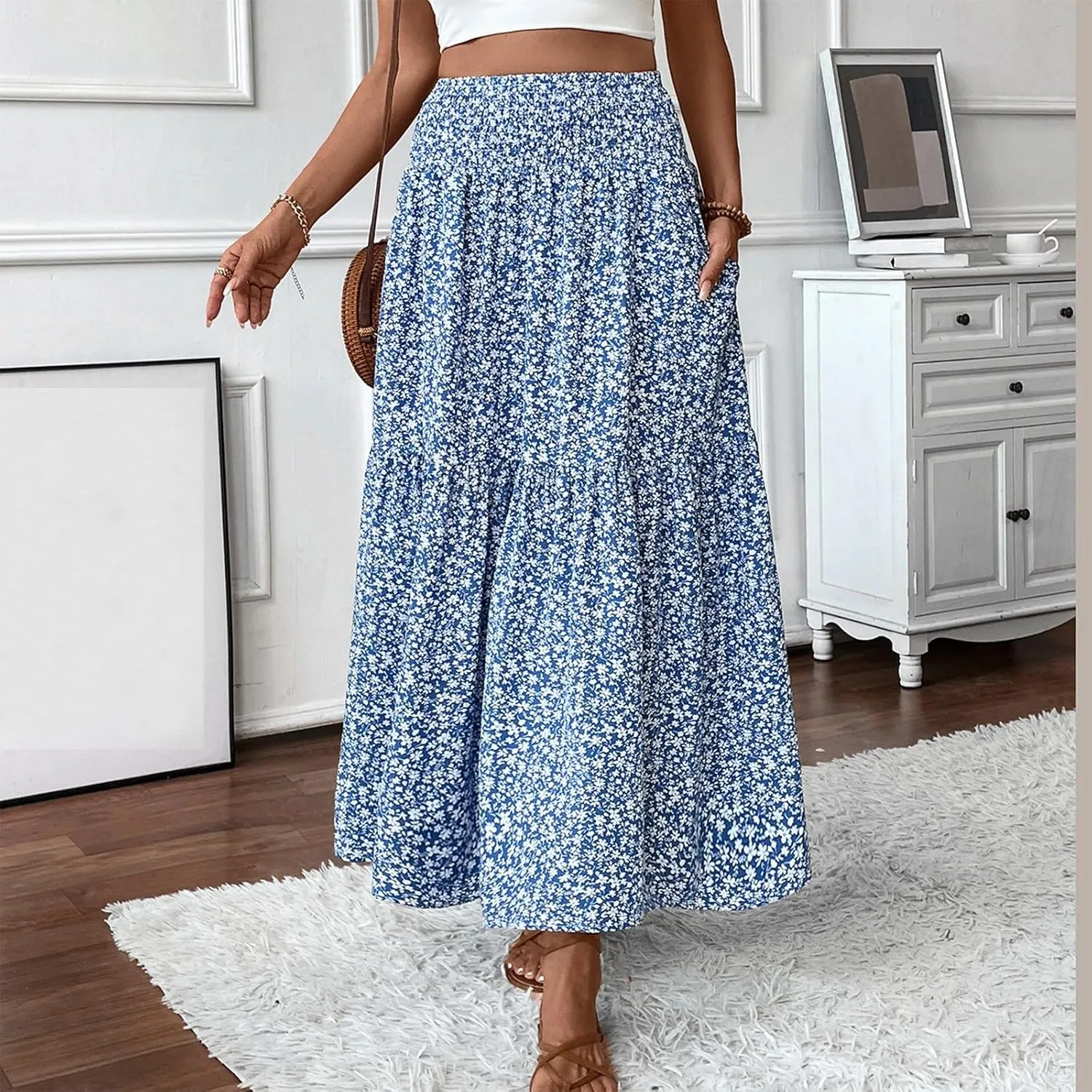 Women Summer Boho Floral Smocked Elastic High Waist Flowy Swing Pleated Maxi Skirts Vacation Printed A-Line Long Skirts