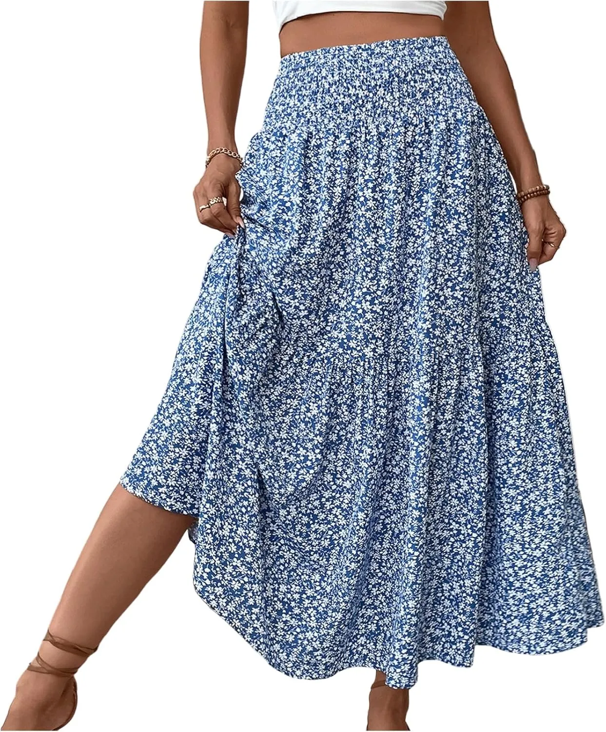 Women Summer Boho Floral Smocked Elastic High Waist Flowy Swing Pleated Maxi Skirts Vacation Printed A-Line Long Skirts