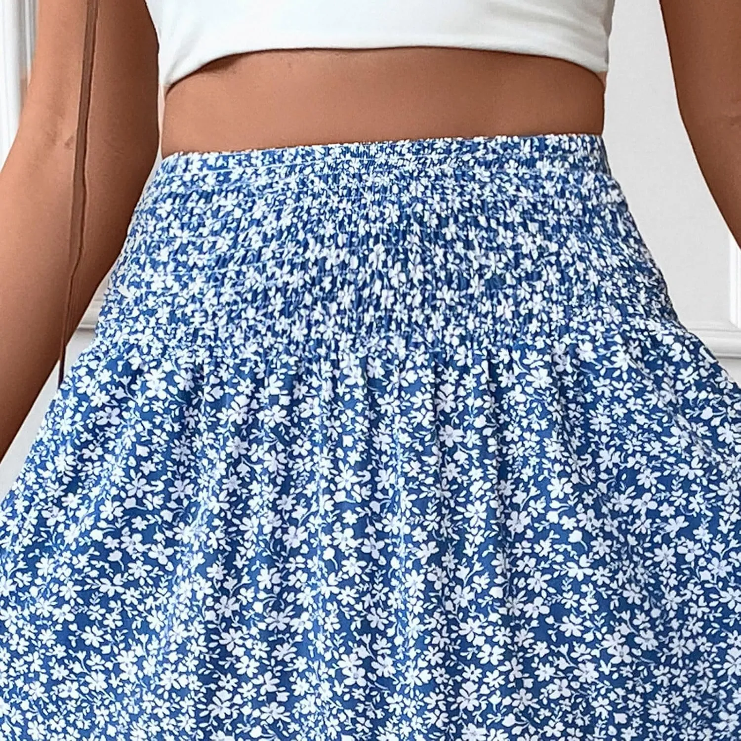 Women Summer Boho Floral Smocked Elastic High Waist Flowy Swing Pleated Maxi Skirts Vacation Printed A-Line Long Skirts