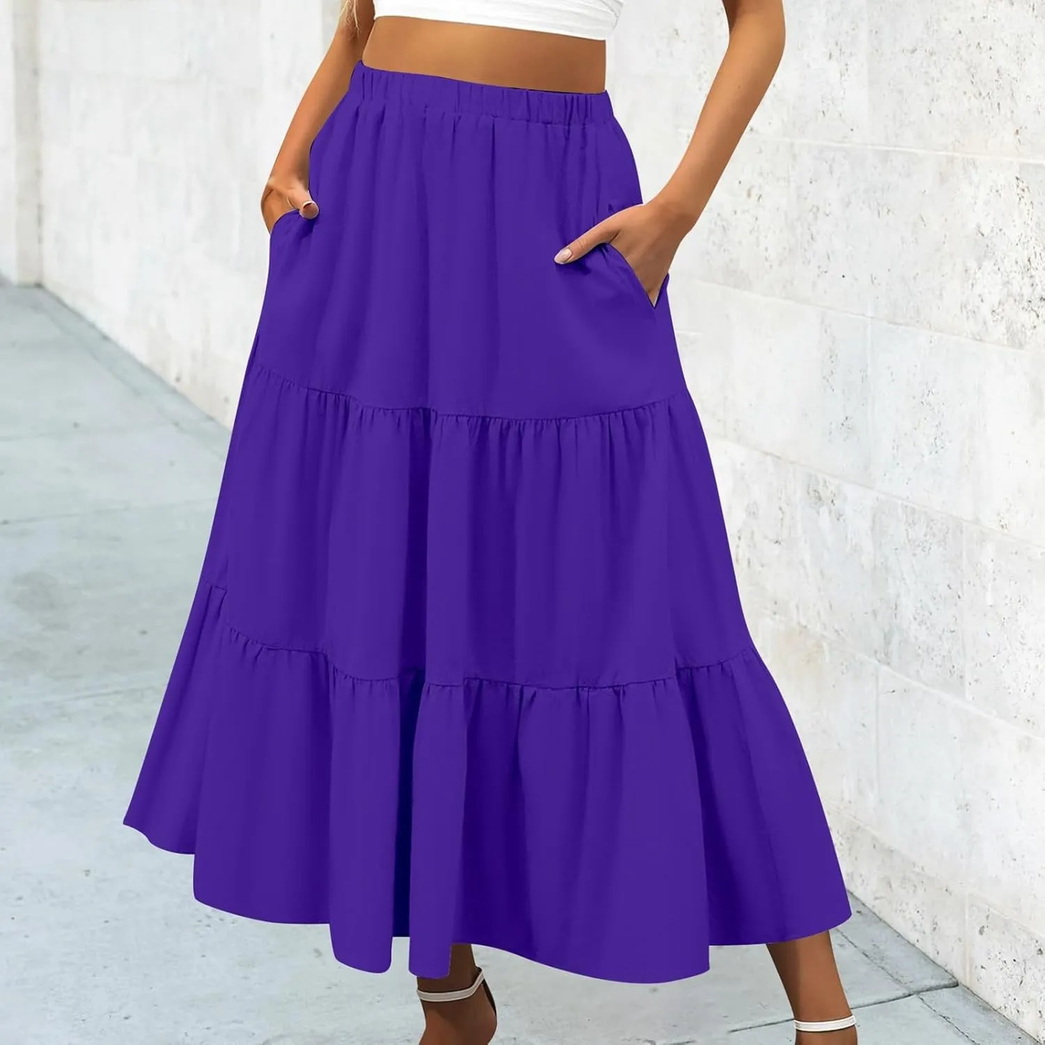 Women Summer Boho Flowy Swing Tiered A-Line Midi Skirt 2025 Fashion Elastic Waist Pleated Long Beach Dress with Pocket