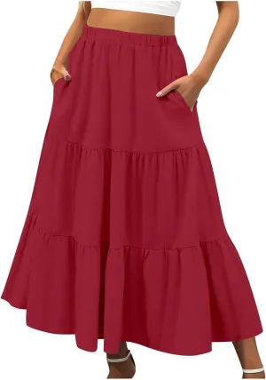 Women Summer Boho Flowy Swing Tiered A-Line Midi Skirt 2025 Fashion Elastic Waist Pleated Long Beach Dress with Pocket