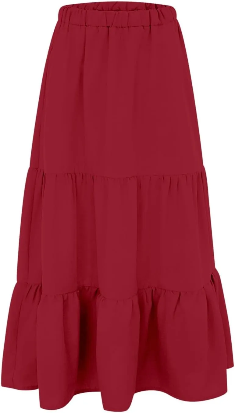 Women Summer Boho Flowy Swing Tiered A-Line Midi Skirt 2025 Fashion Elastic Waist Pleated Long Beach Dress with Pocket