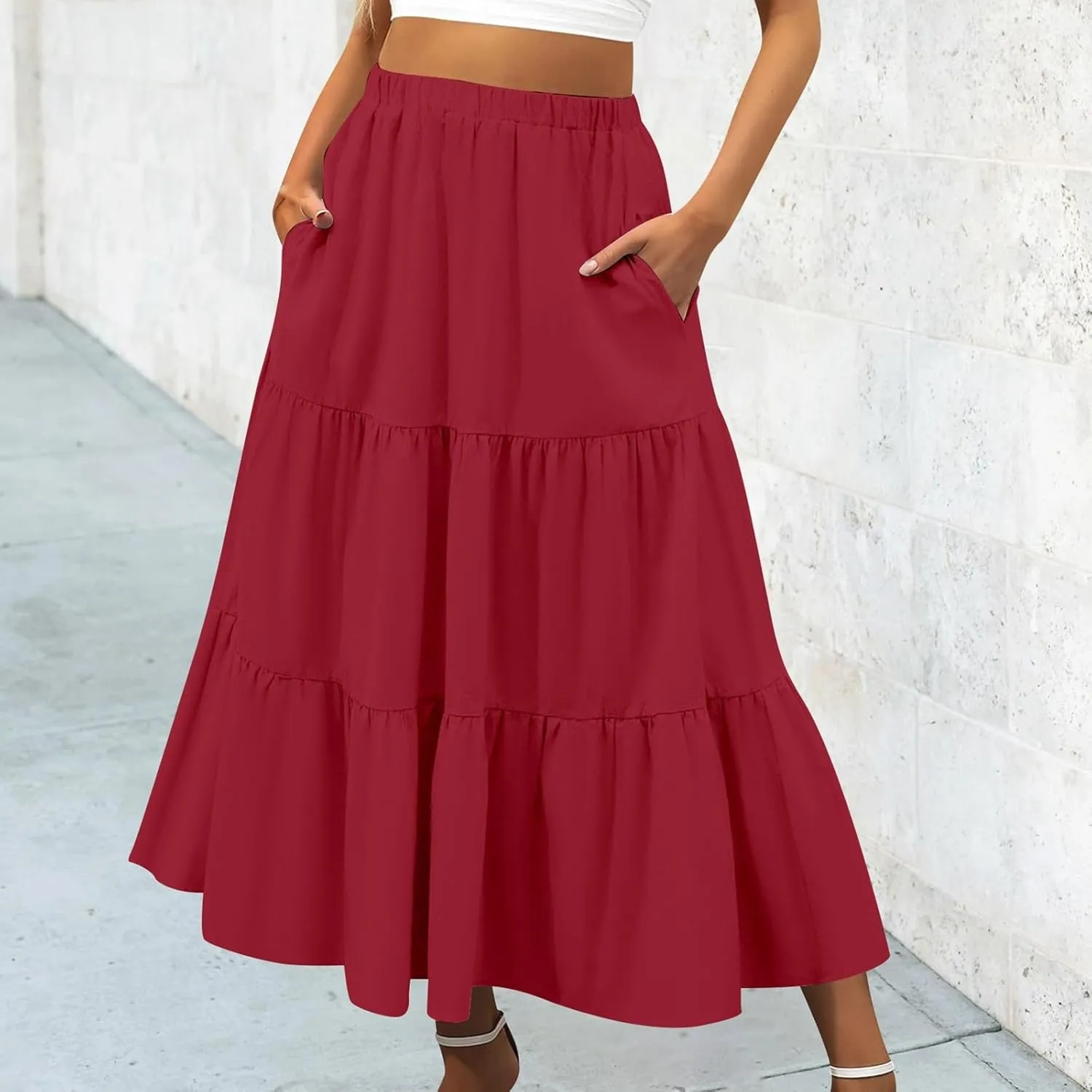 Women Summer Boho Flowy Swing Tiered A-Line Midi Skirt 2025 Fashion Elastic Waist Pleated Long Beach Dress with Pocket
