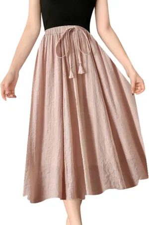 Women Summer Casual Boho Floral Maxi Skirt Elastic High Waist Tiered Pleated Flowy Long Beach Skirt with Pockets