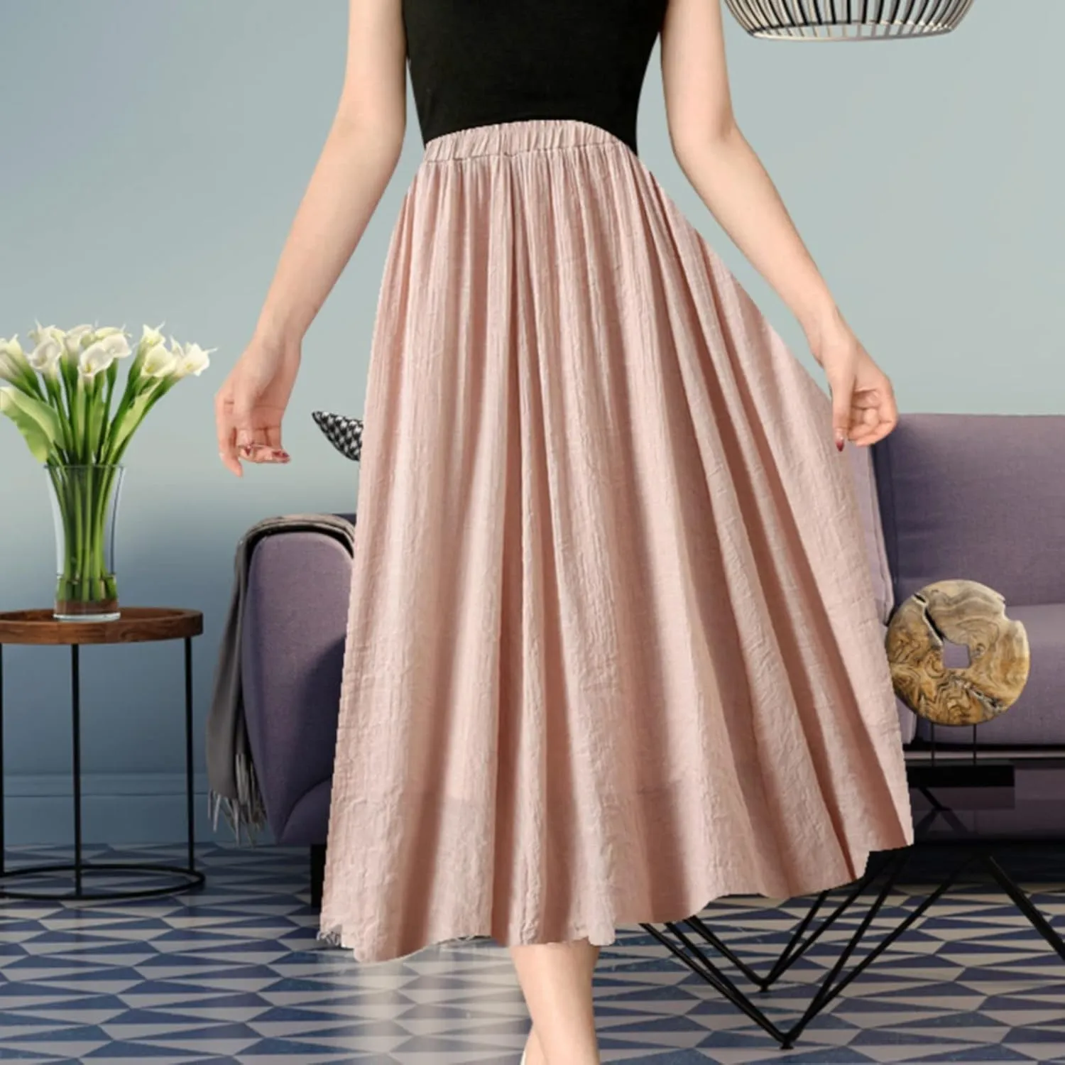 Women Summer Casual Boho Floral Maxi Skirt Elastic High Waist Tiered Pleated Flowy Long Beach Skirt with Pockets