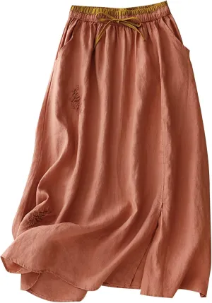 Women Summer Loose Cotton Linen Skirt Retro Flowers Embroidered Cotton Linen Elastic Waist Slit Skirts with Pockets