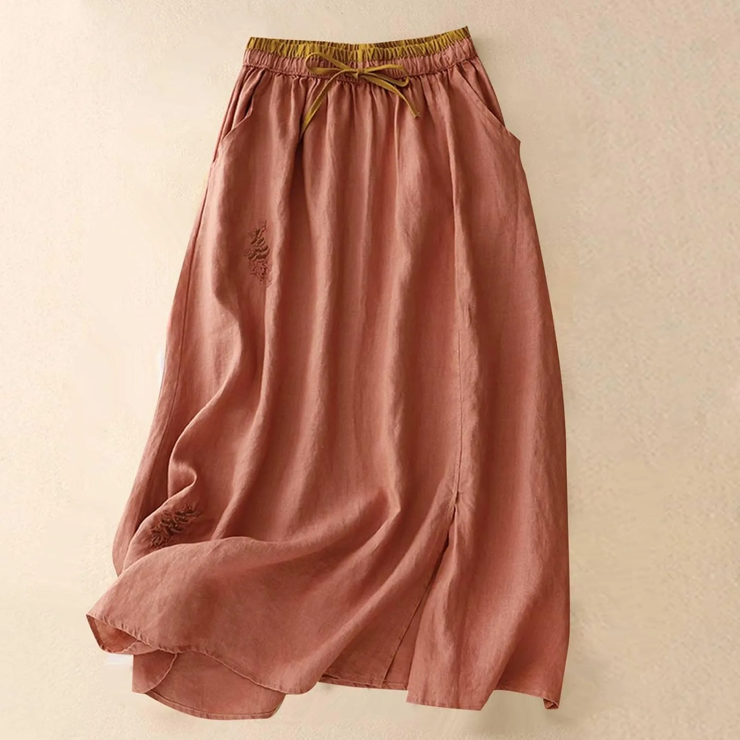 Women Summer Loose Cotton Linen Skirt Retro Flowers Embroidered Cotton Linen Elastic Waist Slit Skirts with Pockets