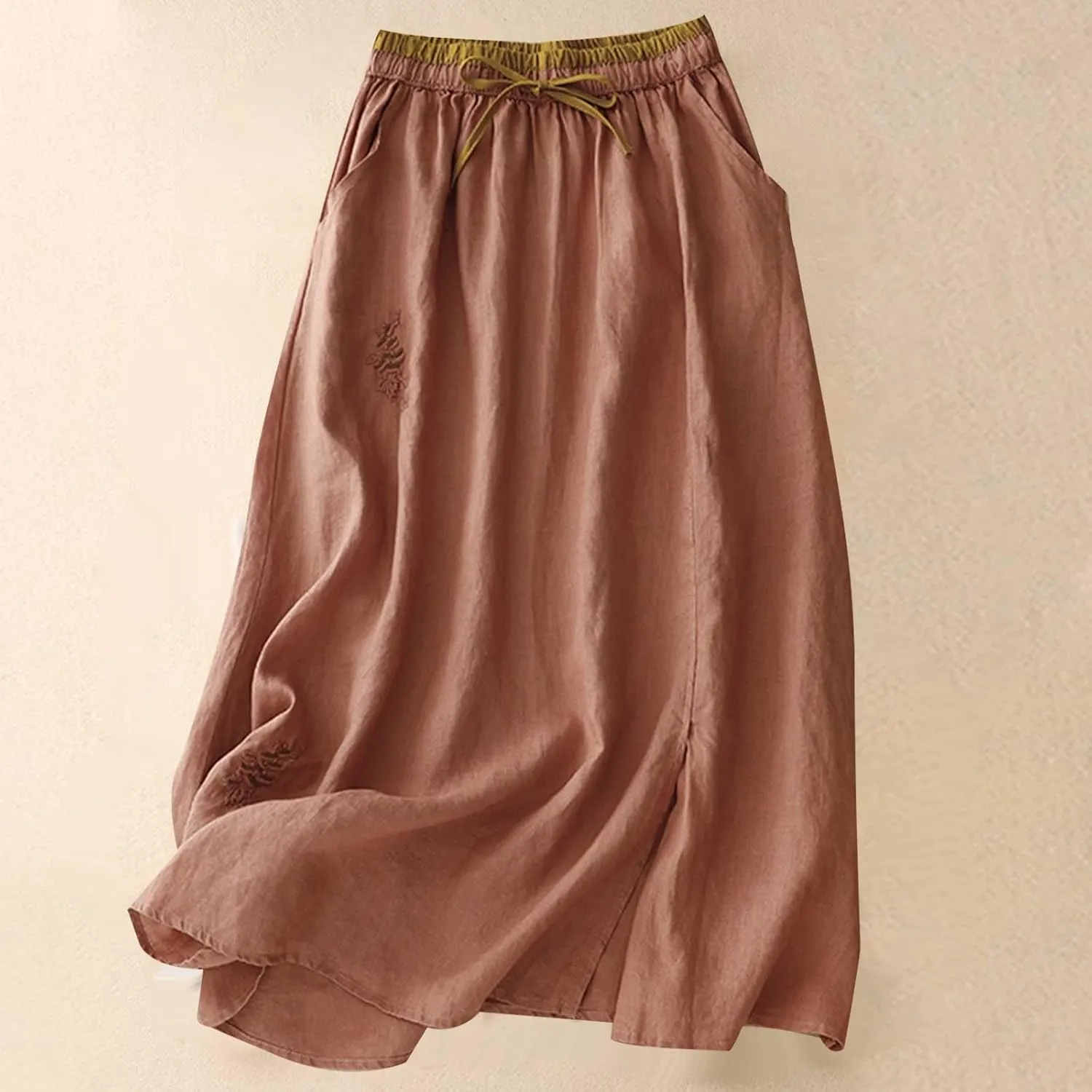 Women Summer Loose Cotton Linen Skirt Retro Flowers Embroidered Cotton Linen Elastic Waist Slit Skirts with Pockets
