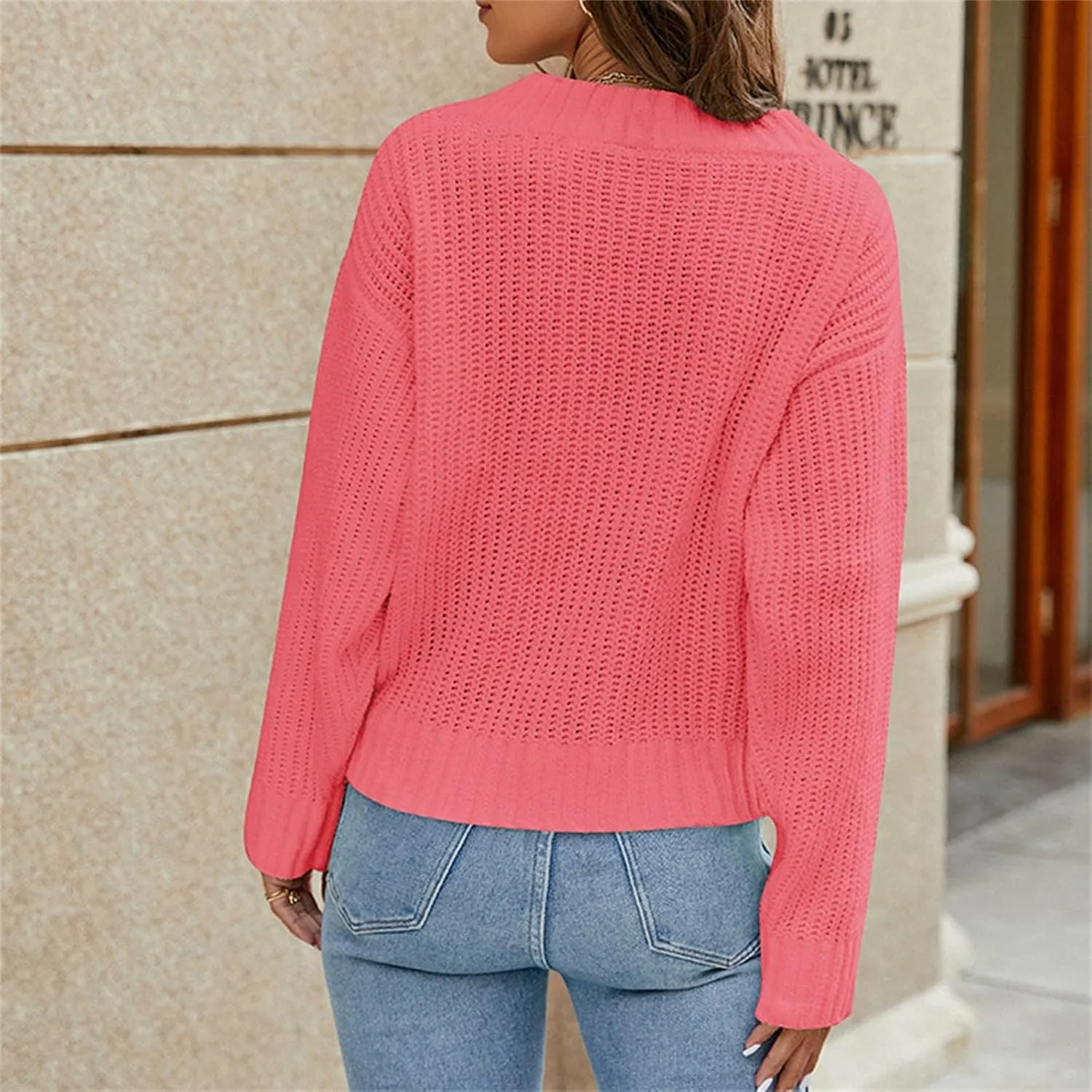Women's 2024 Fall Sweaters Casual Long Sleeve Knit Pullover Loose Wrap V Neck Lightweight Crochet Sweater Shirt Tops