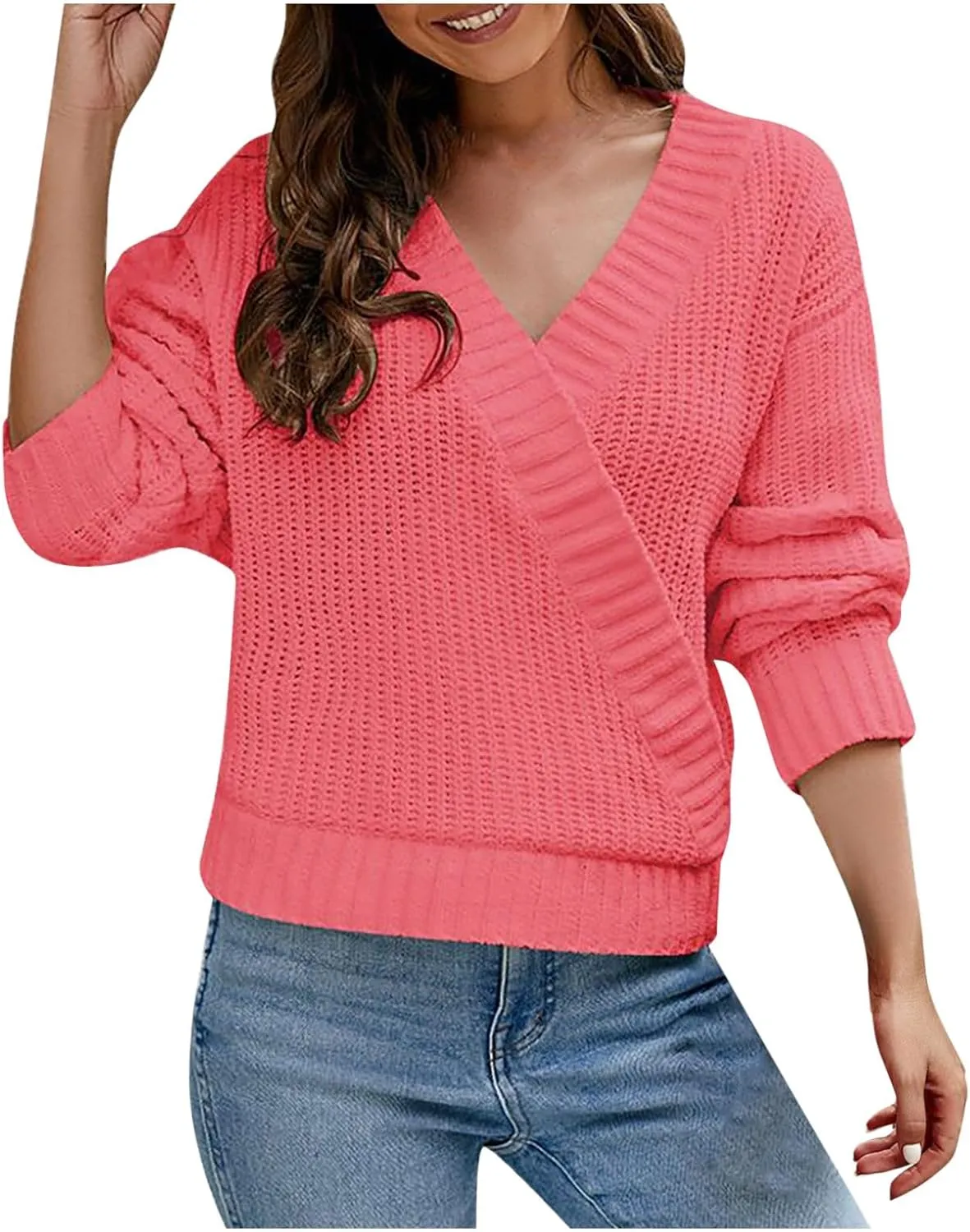 Women's 2024 Fall Sweaters Casual Long Sleeve Knit Pullover Loose Wrap V Neck Lightweight Crochet Sweater Shirt Tops