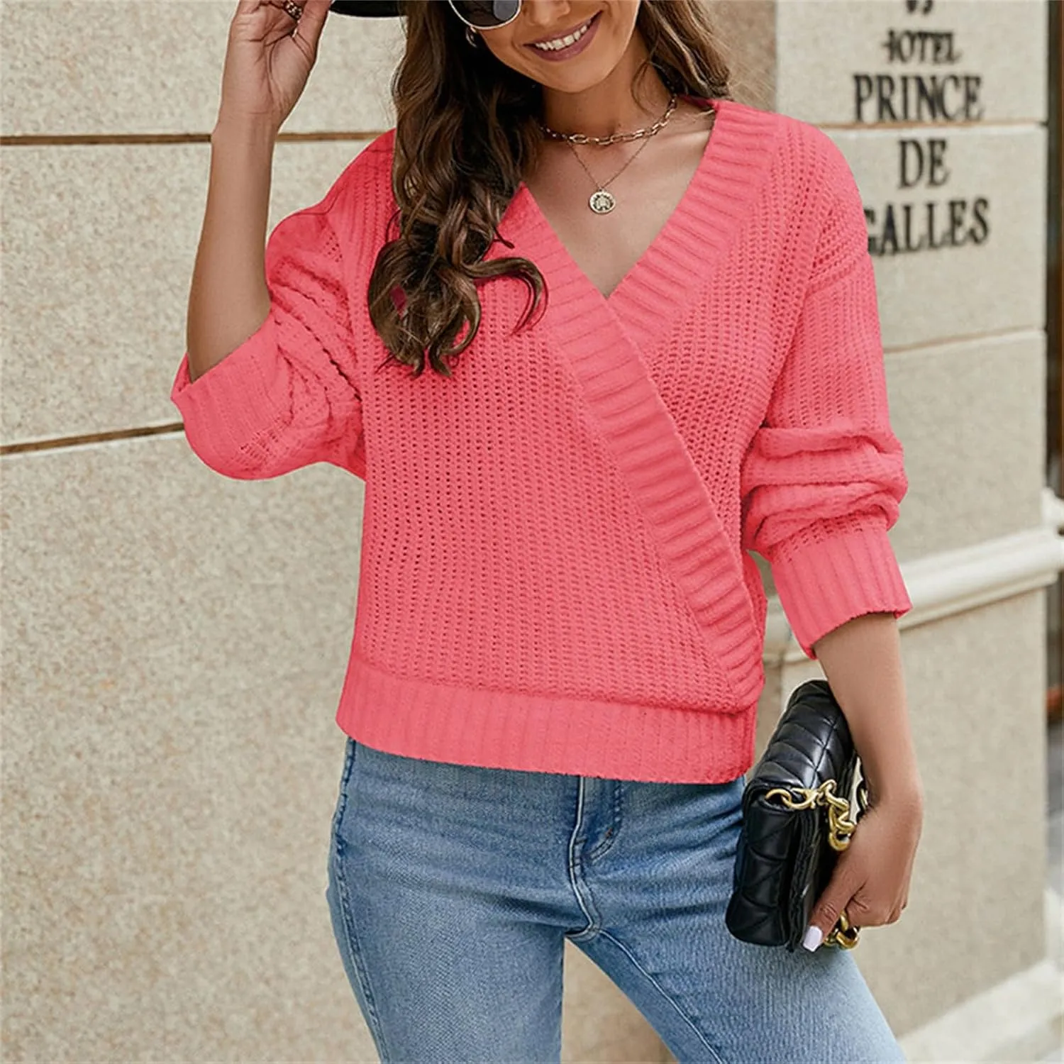 Women's 2024 Fall Sweaters Casual Long Sleeve Knit Pullover Loose Wrap V Neck Lightweight Crochet Sweater Shirt Tops
