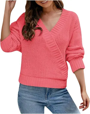 Women's 2024 Fall Sweaters Casual Long Sleeve Knit Pullover Loose Wrap V Neck Lightweight Crochet Sweater Shirt Tops